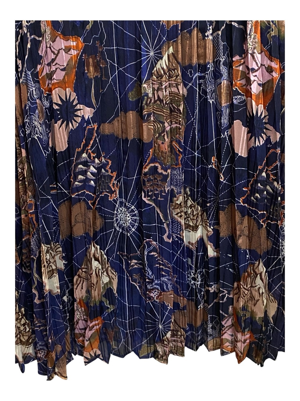 Scotch & Soda Size XL Navy Blue Map Print Pleated Midi Dress Long Sleeve EUC - Picture 4 of 13